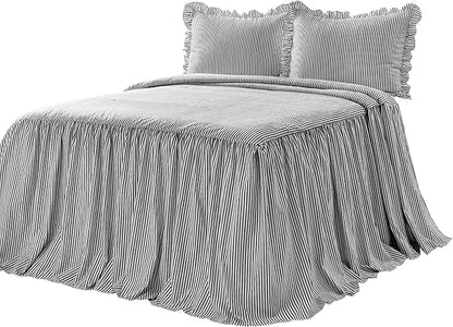 Lush Decor Ticking Stripe Bedspread King Size 3 Piece Set Black - Ruffle Bedding Set King Bedspreads - Striped Bedding - Farmhouse & Coquette Decor