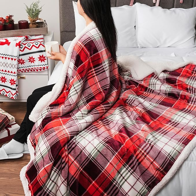 PAVILIA Red Green Christmas Plaid Sherpa Throw Blanket, Holiday Fleece Blanket 50" x 60", Soft Flannel Plush Throw for Couch, Sofa & Bed, Festive Winter Home Decor, Cozy