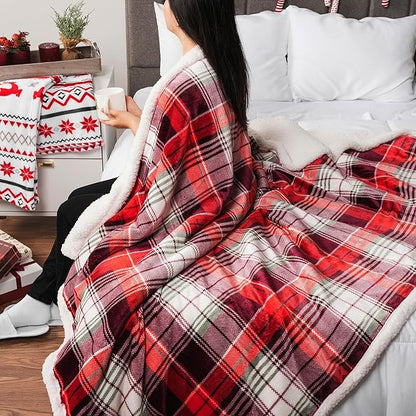 PAVILIA Red Green Christmas Plaid Sherpa Throw Blanket, Holiday Fleece Blanket 50" x 60", Soft Flannel Plush Throw for Couch, Sofa & Bed, Festive Winter Home Decor, Cozy