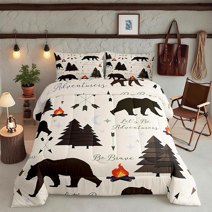 Happy Camping Comforter Set Twin Size,Hunt Bear Pine Trees Bedding Set for Kids Boys Girls Cabin Room Decor,Cartoon Campfire Arrow Stars Moon Quilt Set Adventure Duvet Insert Brown 2Pcs