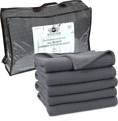 HILLFAIR 100% Cotton Blanket- 120" x 120" XXL Oversized King Bed Blankets - Family Size 10 ft x 10 ft Big - All Season Soft Cozy Breathable Blankets for Bed - Extra Large King Cotton Blanket- Grey