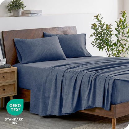 Bare Home Flannel Sheet Set Prints, 100% Cotton, Velvety Soft Heavyweight - Double Brushed Flannel for Extra Softness & Comfort - Deep Pocket - Bed Sheets (Cal King, Heathered Indigo)