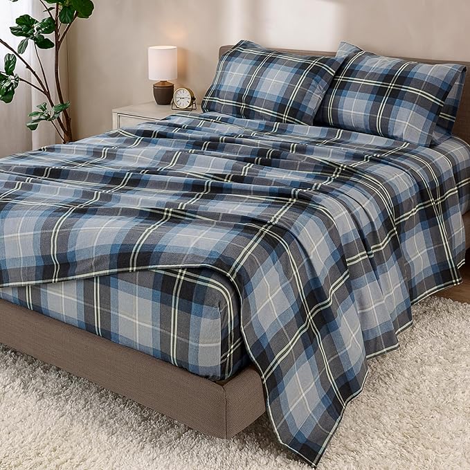 Bare Home Cotton Flannel Sheet Set Prints, 100% Cotton, Velvety Soft Heavyweight - Double Brushed for Softness & Comfort - Deep Pocket - Bed Sheets (Twin XL, Symphony Plaid - Blue)
