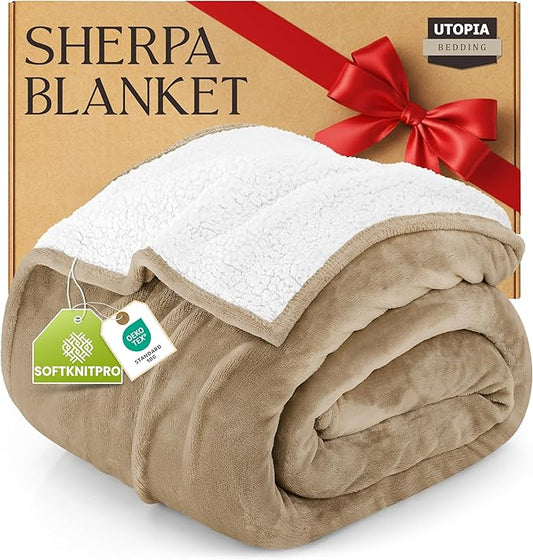 Utopia Bedding Sherpa Blanket Queen Size (Camel, 90x90 Inches) - Soft Lightweight Plush Fleece Reversible Blanket for Bed, Sofa, Couch, Camping and Travel