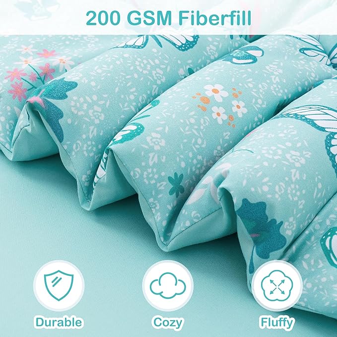Mooreeke Bed in a Bag for Kids Girls Teens, 8 Pieces Full Size Comforter Bed Set with Shams, Sheet Set and Decorative Toy Pillow, Butterfly Mint Green Super Soft Microfiber Kids Comforter Bedding Set