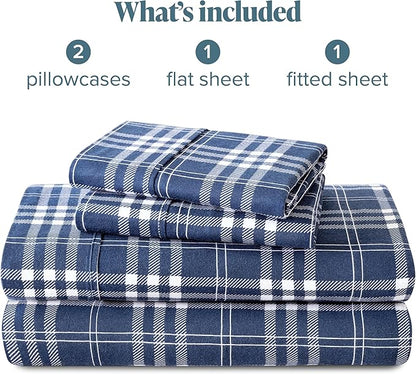 Bare Home Flannel Sheet Set Prints, 100% Cotton, Velvety Soft Heavyweight - Double Brushed Flannel for Extra Softness & Comfort - Deep Pocket - Bed Sheets (Full, Stirling Plaid - Blue/White)