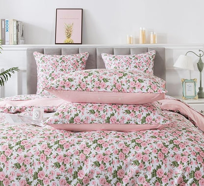 FADFAY Duvet Cover Set Pink Rose Floral Bedding Vintage Peony Flower Quilt Cover Set Shabby Farmhouse Bedding 100% Cotton Comforter Cover with Hidden Zipper Closure 3Pcs, King/California King Size