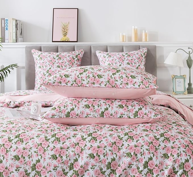FADFAY Duvet Cover Set Full Pink Rose Floral Bedding Vintage Peony Flower Quilt Cover Set Shabby Farmhouse Bedding 100% Cotton Ultra Soft Comforter Cover with Hidden Zipper Closure 3Pcs, Full Size