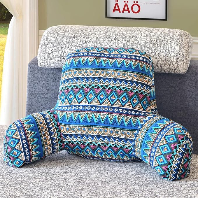 Bohemian Printed Reading Pillow with Support Arms Soft Bed Rest Pillows Back Support Cushion for Kids Reading Watching TV Sitting Up in Bed (20"×15"×8",Red)