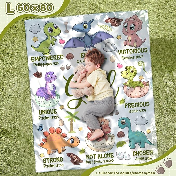 Bible Verse Blanket, Christian Gifts, God Says I am Print Dinosaur Blankets, Meaningful Thoughtful Religious Baptism Gift for Son,Dinosaur Lovers Room Bed Decoration, 60"x80"