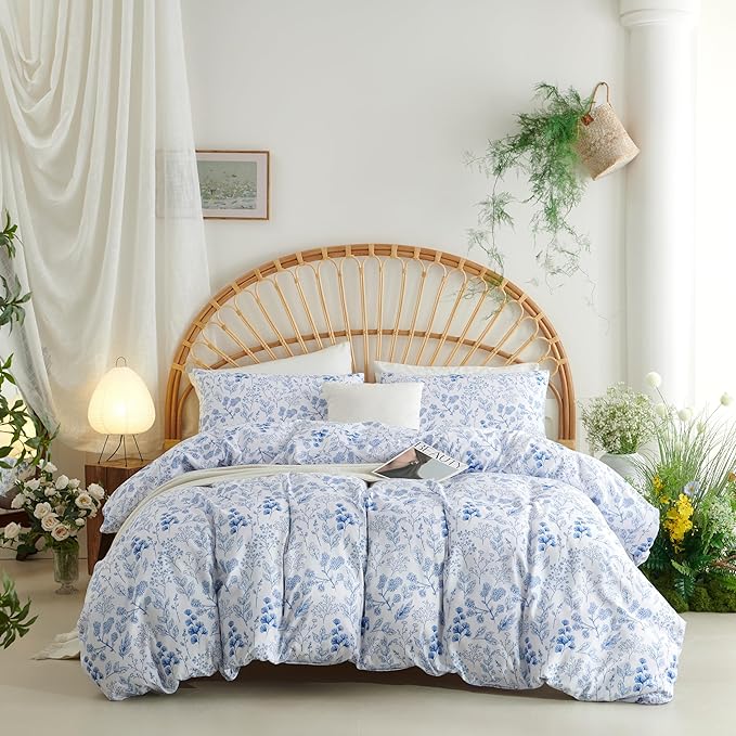 Blue Floral Duvet Cover King Size Botanical Romantic Flower Bedding Set Kids Girls Women Spring Aesthetic Reversible Leaves Soft Breathable Microfiber Comforter Cover 3Pcs with 2 Pillowcases
