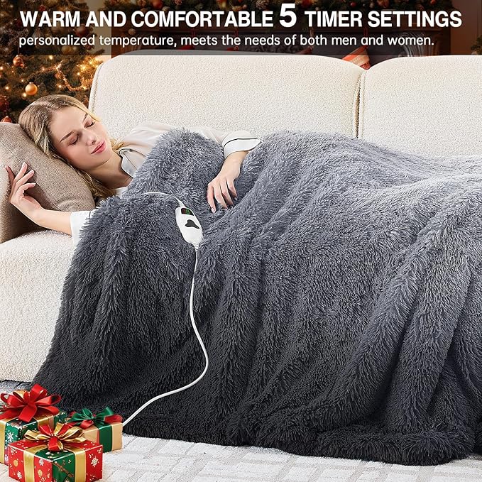 Heated Electric Blanket Throw–Faux Fur with Soft Thick Sherpa,Warm Winter Birthday Gifts for Women Grandma，10 Heat Settings,5 Time Settings with Fast Heating, 50x60, Midnight Black