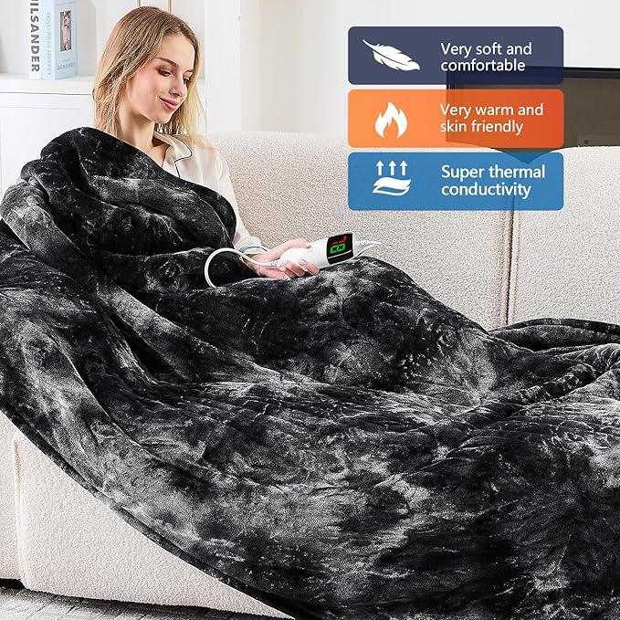greenoak Heated Electric Blanket Twin, Faux Fur Sherpa Heating Blanket for Sofa Bed, Warm Winter Gifts for Women/Men, Heater Lap Blankets 5-Position Timer &10 Heating Levels 62''*84" Black