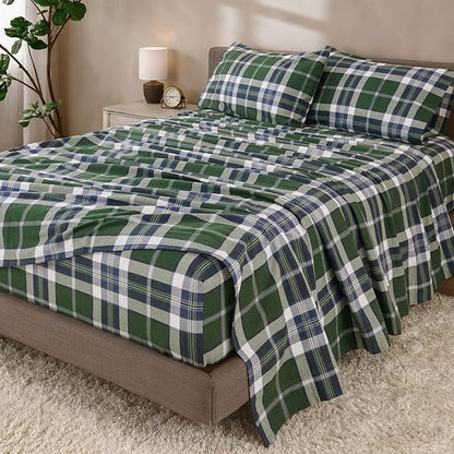 Bare Home Cotton Flannel Sheet Set Prints, 100% Cotton, Velvety Soft Heavyweight - Double Brushed for Softness & Comfort - Deep Pocket - Bed Sheets (King, Enchanted Plaid - Green)