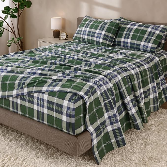 Bare Home Cotton Flannel Sheet Set Prints, 100% Cotton, Velvety Soft Heavyweight - Double Brushed for Softness & Comfort - Deep Pocket - Bed Sheets (Cal King, Enchanted Plaid - Green)
