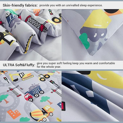 Mooreeke Kids Full Comforter Sets for Boys 8 Pieces Excavator Grey Bedding Set for Teens Soft Microfiber Kids Bed in A Bag with Comforter, Sheet Set, Shams and Decorative Toy Pillow All Season