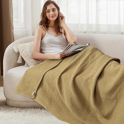 Tex Trend Waffle Blanket – 100% Cotton Blankets Queen Size – Breathable and Soft for Christmas – Suitable for Bed Layering, Sofa & Couch - Khaki (90”x90”)