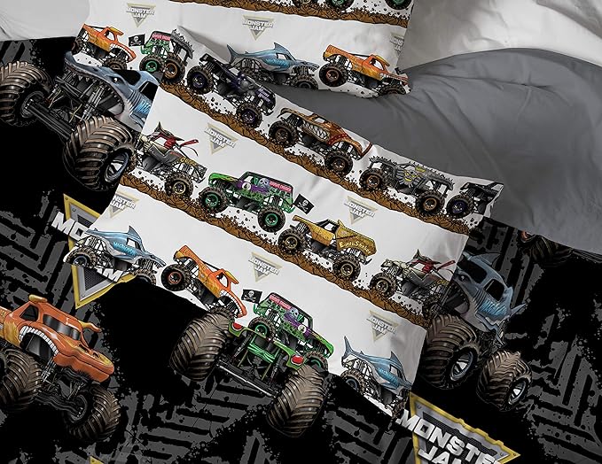 Jay Franco Monster Jam Tracks 5 Piece Full Bed Set - Includes Comforter & Sheet Set - Bedding Features Grave Digger &,Megalodon - Super Soft Fade Resistant Microfiber (Official Monster Jam Product)