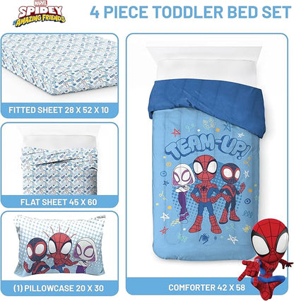 Jay Franco Kids Comforter Set Includes Sheets and Pillow Covers - Soft and Cozy Bed Set for Stylish Room Decor, Light Blue - Spidey & His Amazing Friends, 4 Piece Toddler