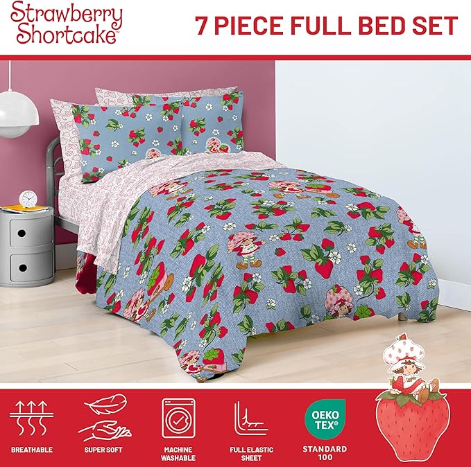 Jay Franco Kids Comforter Set Includes Sheets and Pillow Covers - Soft and Cozy Bed Set for Stylish Room Decor, Blue - Strawberry Shortcake, 7 Piece Full Size Bedding