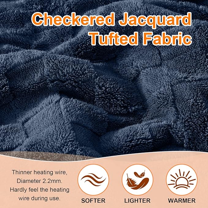 Electric Heated Blanket Queen Size Dual Control - Jacquard Checkered Sherpa 84"x90" Fast Heating Bed Blankets with 6 Heating Levels & 10 Hours Auto Off, Over-Heat Protection ETL, Navy Blue