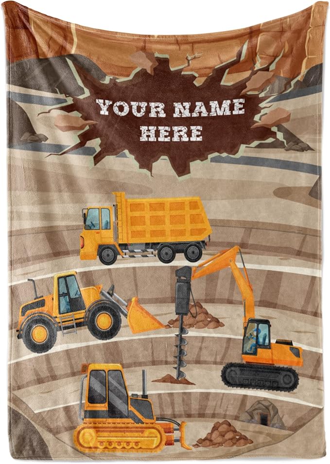 Personalized Blanket for Kids | Construction Truck Blanket | Fleece Throw for Boys and Girls | Kids & Toddlers | Tonka Bulldozer Dump Truck Loader Excavators (60x80 Sherpa, V4)