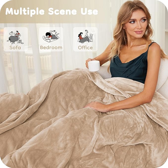 Electric Heated Blanket Throw Size 50×60, Breathable & Luxurious Flannel,Soft Warm Gift with Over-Heat Protection,4 Heating Levels & 3 H Auto Shut Off, Machine Washable, Light Brown