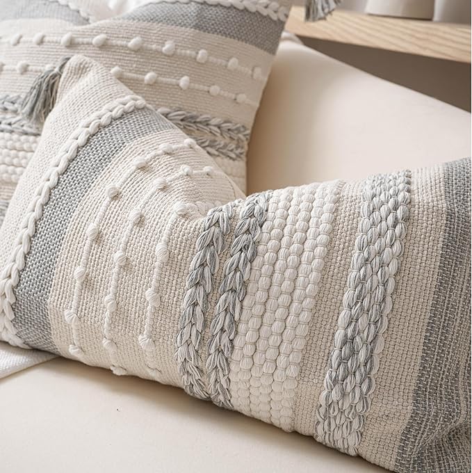 BlissBlush Gray Boho Decorative Throw Pillow Cover 18x18 Square Farmhouse Accent Cushion for Couch Sofa Livingroom Bedroom Pillowcase Modern Home Décor (Pack of 1)