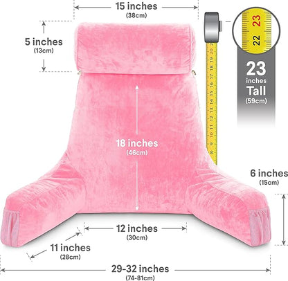 Husband Pillow Medium Pink, Backrest for Kids, Teens, Petite Adults - Reading Pillows with Arms, Adjustable Loft, Plush Memory Foam, Bed Rest Chair for Sitting Up, Detach Neck Roll, Removable Cover
