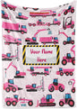 Personalized Construction Truck Blanket for Girls and Boys, Cute Custom Name Throw in Blue or Pink, Colorful Heavy Duty Vehicle Theme, Soft and Plush, Christmas or Birthday, (Fleece 50x60)