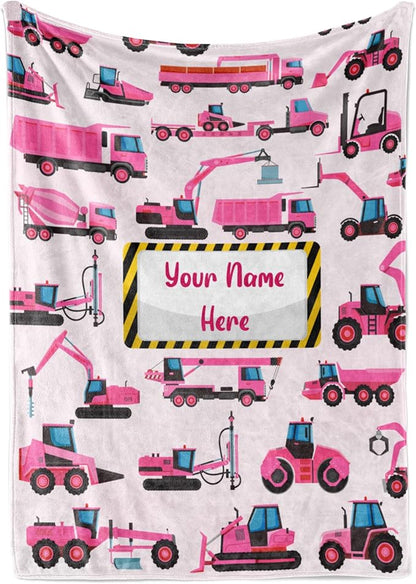 Personalized Construction Truck Blanket for Girls and Boys, Cute Custom Name Throw in Blue or Pink, Colorful Heavy Duty Vehicle Theme, Soft and Plush, Christmas or Birthday, (Sherpa 60x80)