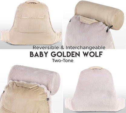 Husband Pillow XXL Baby Golden Wolf Fabulous Faux Fur Backrest, Two-Tone Reversible Double Sided Reading & Bed Rest Pillow with Arms & Neck Roll, Adjustable Memory Foam - Sit Up Extremely Comfy