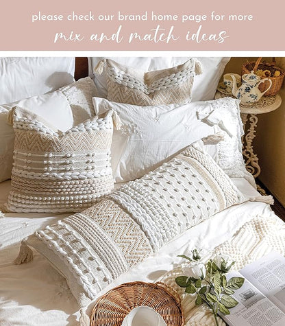BlissBlush Cream Decorative Lumbar Throw Pillow Cover 14x36 Boho Long Cushion for Bed Neutral Beige White Accent Modern Farmhouse Pillowcase for Bedroom Living Room Couch Sofa Home Décor Cover ONLY