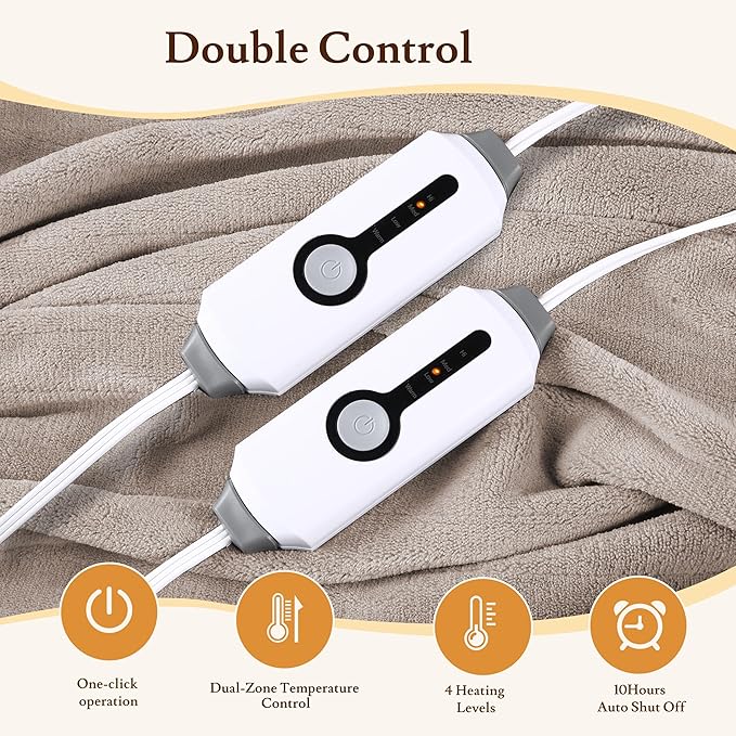 Electric Heated Blanket 90"x100" King Size - 4 Heat Settings & Dual Controllers, 10H Auto Shut Off, Ultra-Soft Coral Fleece Heated Blanket with Overheat Protection, Light Brown