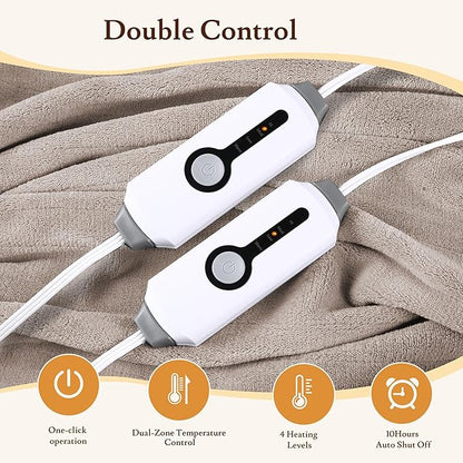 Electric Heated Blanket 90"x100" King Size - 4 Heat Settings & Dual Controllers, 10H Auto Shut Off, Ultra-Soft Coral Fleece Heated Blanket with Overheat Protection, Light Brown