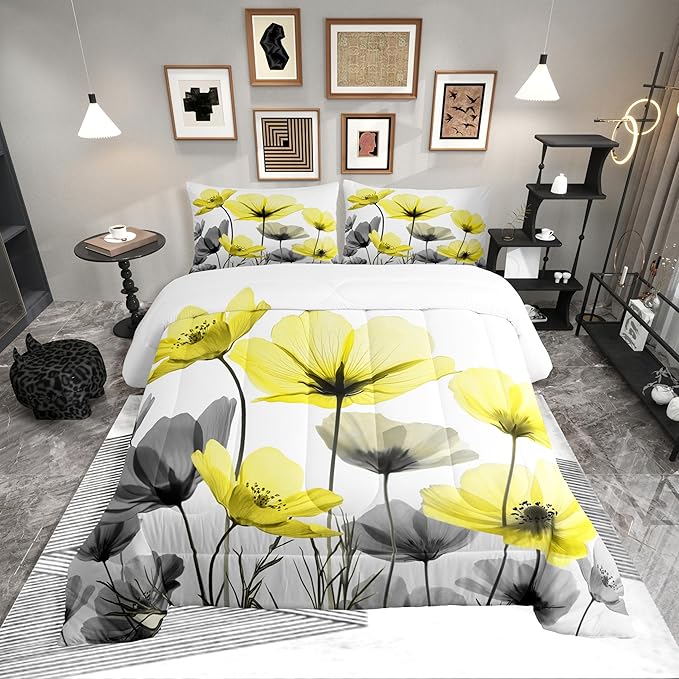Erosebridal Yellow Boho Floral Full Bedding Set,Yellow and Gray Flower Comforter Set for Kids Girls Women,Vintage Flowers Quilt,Bohemian Wildflower Bedroom Decor with 2 Pillowcases,Breathable