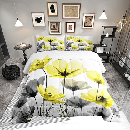Erosebridal Yellow Boho Floral King Bedding Set,Yellow and Gray Flower Comforter Set for Kids Girls Women,Vintage Flowers Quilt,Bohemian Wildflower Bedroom Decor with 2 Pillowcases,Breathable