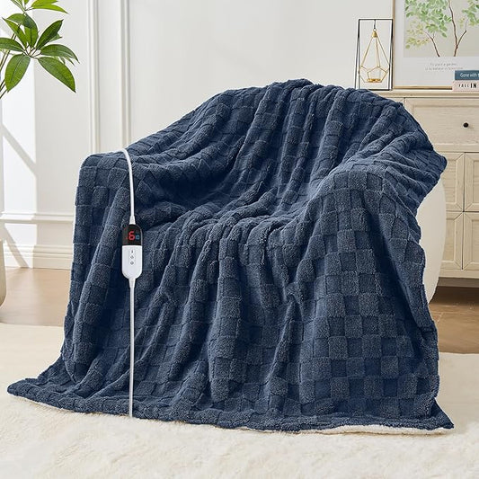 Electric Heated Blanket Full Size - Jacquard Checkered Sherpa 72"x84" Fast Heating Bed Blankets with 6 Heating Levels & 10 Hours Auto Off, Over-Heat Protection ETL, Navy Blue