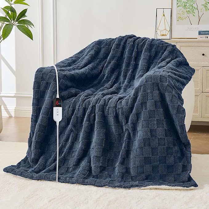Electric Heated Blanket Twin Size - Jacquard Checkered Sherpa 62"x84" Fast Heating Bed Blankets with 6 Heating Levels & 10 Hours Auto Off, Over-Heat Protection ETL, Navy Blue