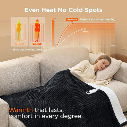 Bedsure GentleSoft Heated Blanket Throw - Soft Ribbed Flannel Electric Blanket, Heating with 4 Time Settings, 6 Heat Settings, and 3 hrs Timer Auto Shut Off, Gifts for Grandma (50x60 inches, Black)