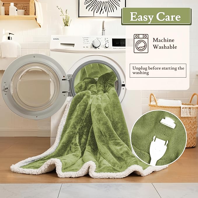 Electric Heated Blanket Flannel & Sherpa 72"x84" Full Size - 4 Heat Levels, 10H Auto Shut Off, Fast Heating, Cozy and Comfortable, Warm Gifts, Machine Washable - Green