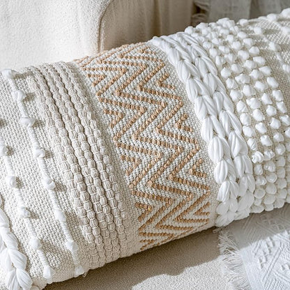 BlissBlush Cream Decorative Lumbar Throw Pillow Cover 14x36 Boho Long Cushion for Bed Neutral Beige White Accent Modern Farmhouse Pillowcase for Bedroom Living Room Couch Sofa Home Décor Cover ONLY
