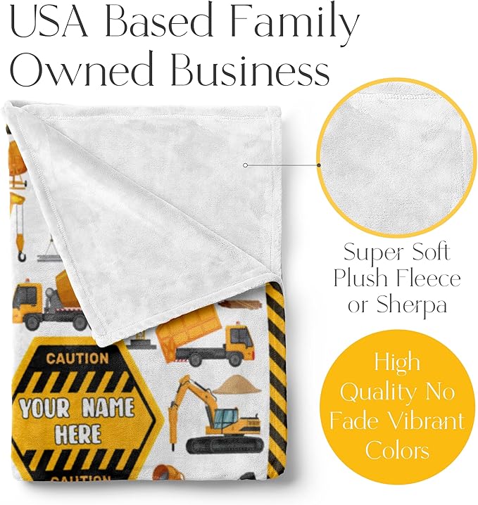 Personalized Truck Blanket - Made in USA and Shipped Next Day - Soft Fleece Construction Excavator Design for Kids & Adults, Toddler Bed or Sofa Throw (60x80 Fleece)