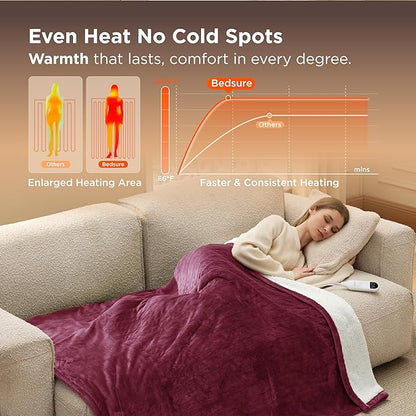 Bedsure Heated Blanket Throw Blanket - Fast Heating Electric Blanket, Soft Flannel Heated Throw with 4 Time Settings, 6 Heating Settings, for Grandma, Women, Men (50"x60", Red)