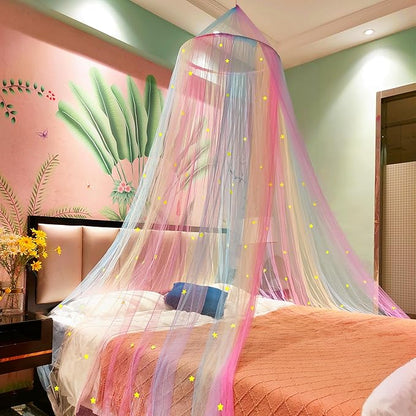 Eimilaly Princess Rainbow Bed Canopy with Stars Glow in The Dark, Bed Canopy for Girls Room Decor or Unicorn Theme Party