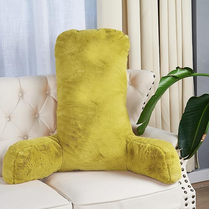 Home Soft Things Fox Faux Fur Bedrest Reading Pillow with Handle, Backrest Armrest Pillow Chair Back Support for Sitting up in Bed, Lemon Curry, 28" x 30" x 17"