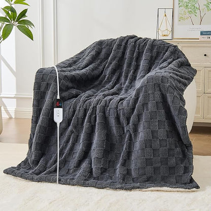 Electric Heated Blanket Twin Size - Jacquard Checkered Sherpa 62"x84" Fast Heating Bed Blankets with 6 Heating Levels & 10 Hours Auto Off, Over-Heat Protection ETL, Dark Gray