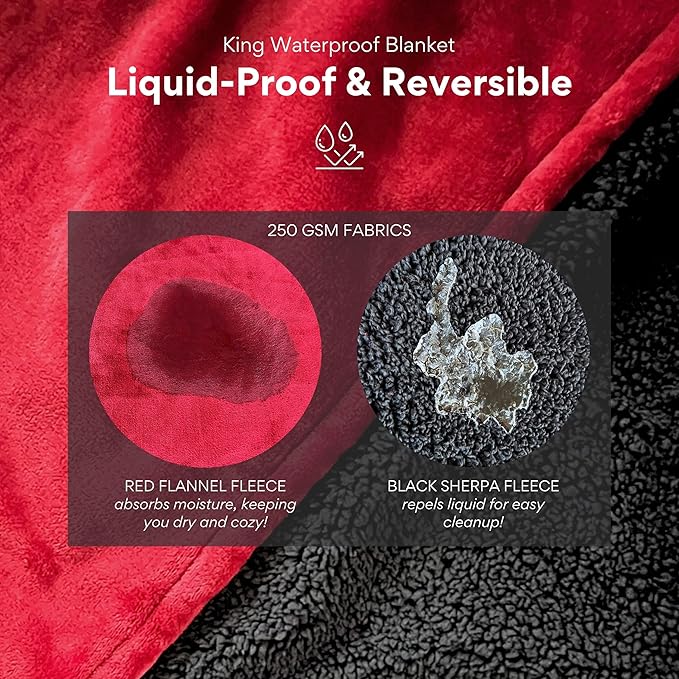 Waterproof Blanket King Size, Red & Black, 82x82"- Water Proof and Stain Resistant Blankets for Couples Bed Intimacy, Fleece Moisture Absorbent, Layered Sheet Protector, Leakproof Protective Top Cover