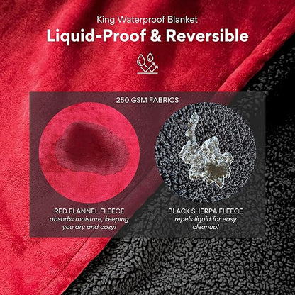 Waterproof Blanket King Size, Red & Black, 82x82"- Water Proof and Stain Resistant Blankets for Couples Bed Intimacy, Fleece Moisture Absorbent, Layered Sheet Protector, Leakproof Protective Top Cover