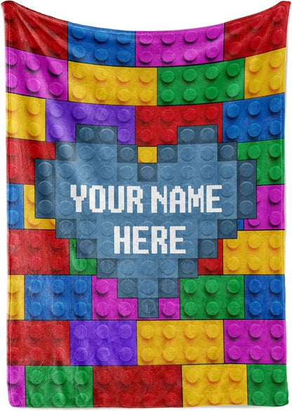 Personalized Throw Blanket with Custom Name | Compatible | Ultra Soft Warm Bedding | Room Decor or Bed Cover | Couch Blanket | Creative Colorful Building Blocks (Fleece, 60x80)